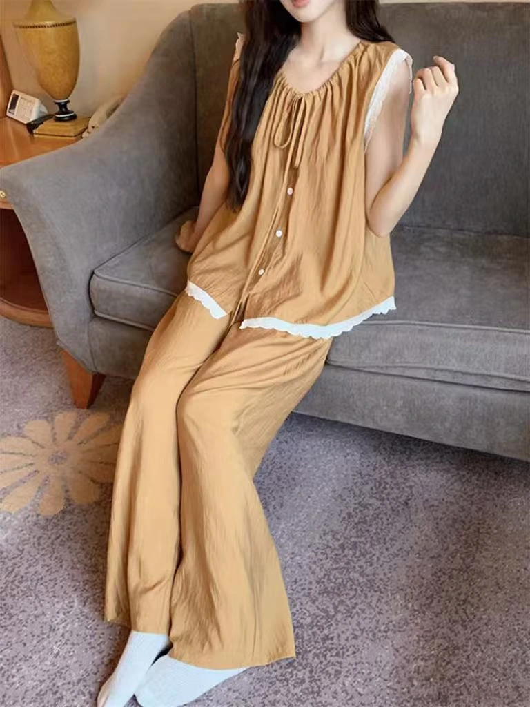 【R608】夏款气质卡其背心款短裤+长裤三件套+胸垫【开衫款】