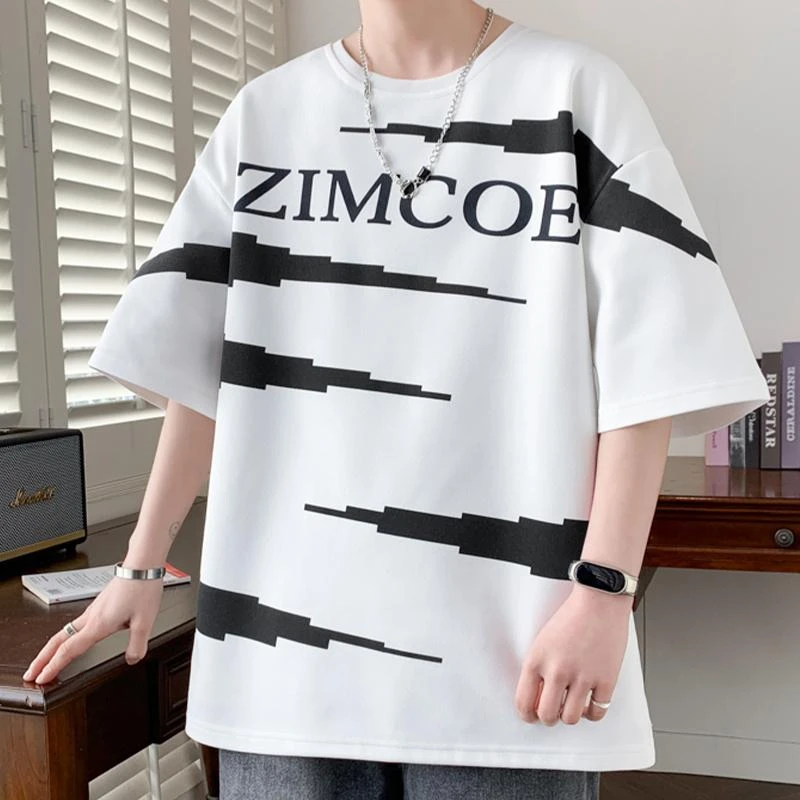 落肩袖宽松t恤短袖男夏季潮牌印花半袖男休闲上衣青少年圆领体恤T