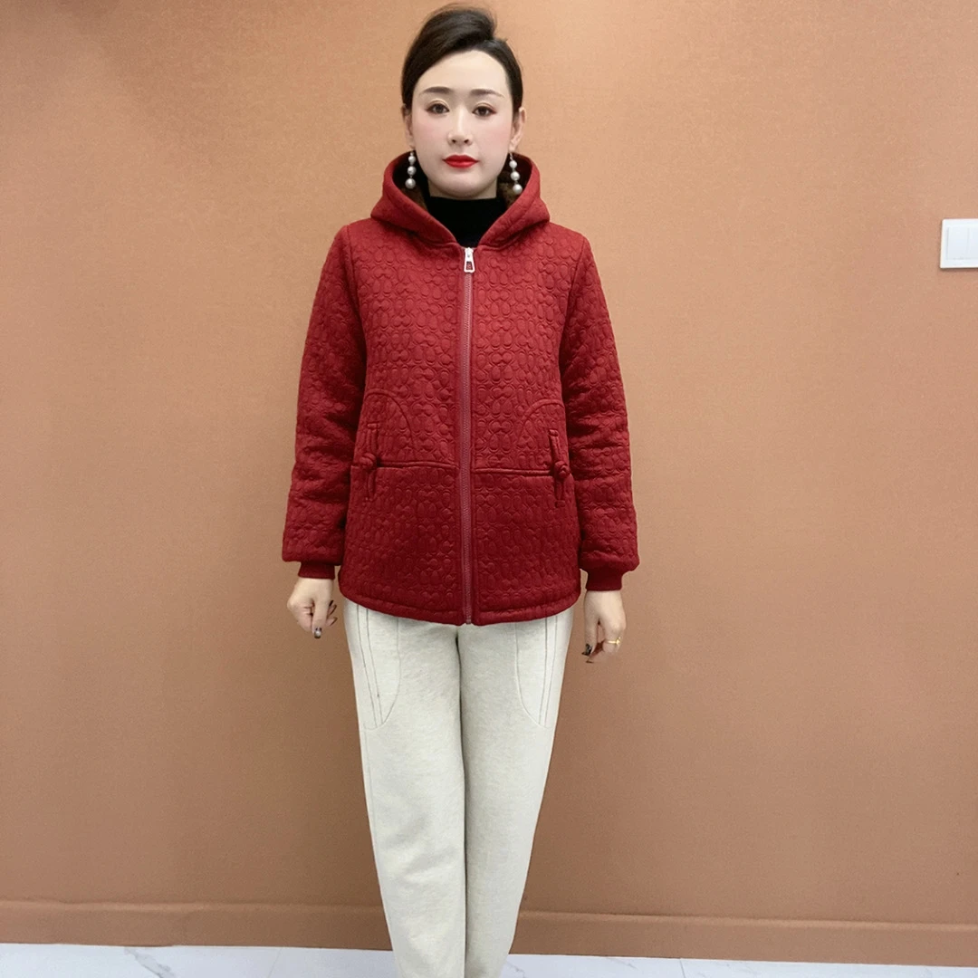 大码中老年冬季加绒加厚连帽拉链盘扣宽松百搭女士时尚显瘦遮肉