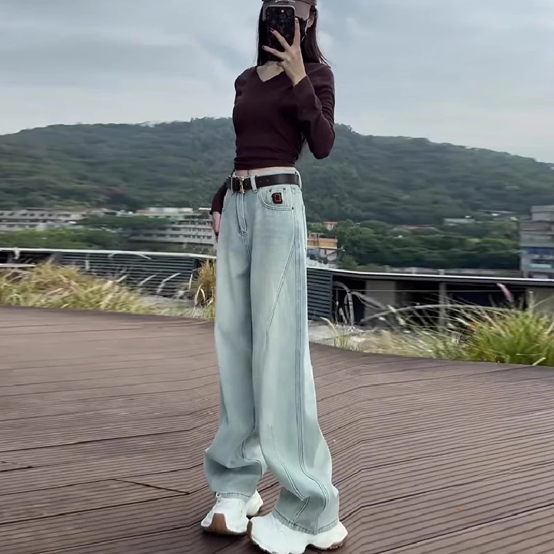 浅色设计感弯刀牛仔裤女春季新款大码胖mm高腰显瘦宽松阔腿拖地裤