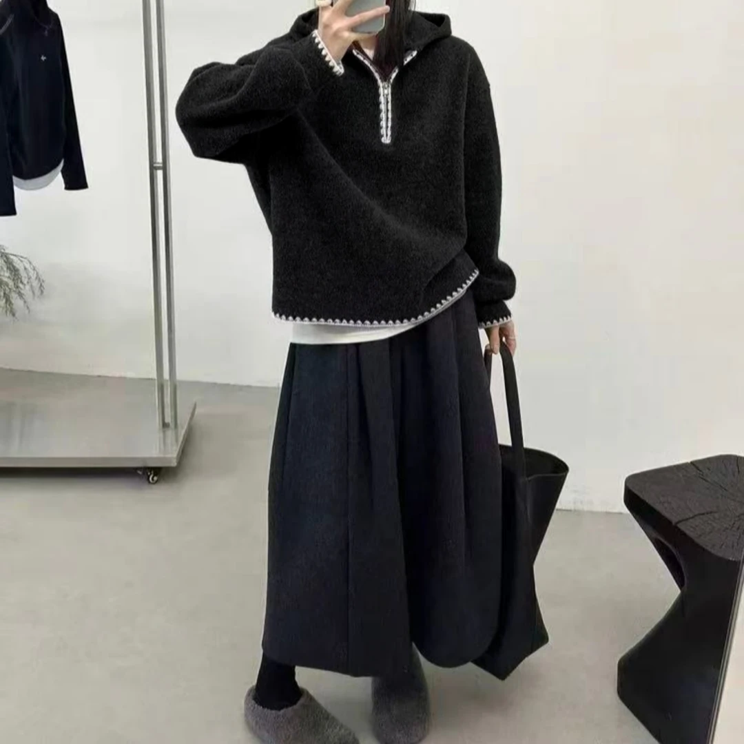 Manmi   绣花边半拉链双面绒套头帽衫  1168