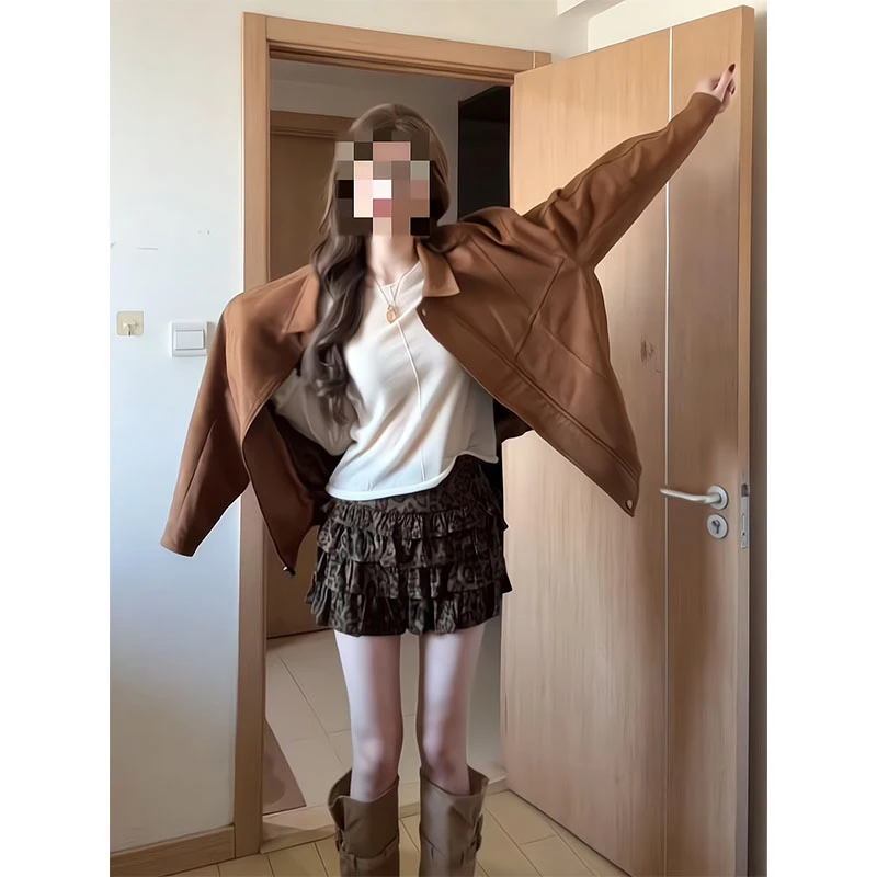 复古美拉德棕色皮衣外套新款豹纹半身裙百搭显瘦休闲蛋糕短裙子