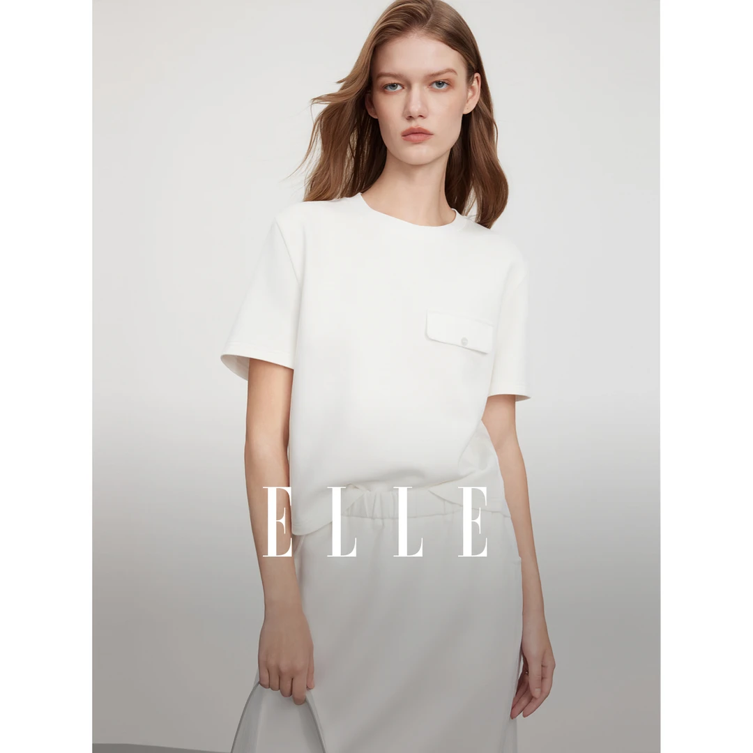 【ELLE】法式设计感圆领宽松短袖女2025夏季新款时尚休闲ET51112