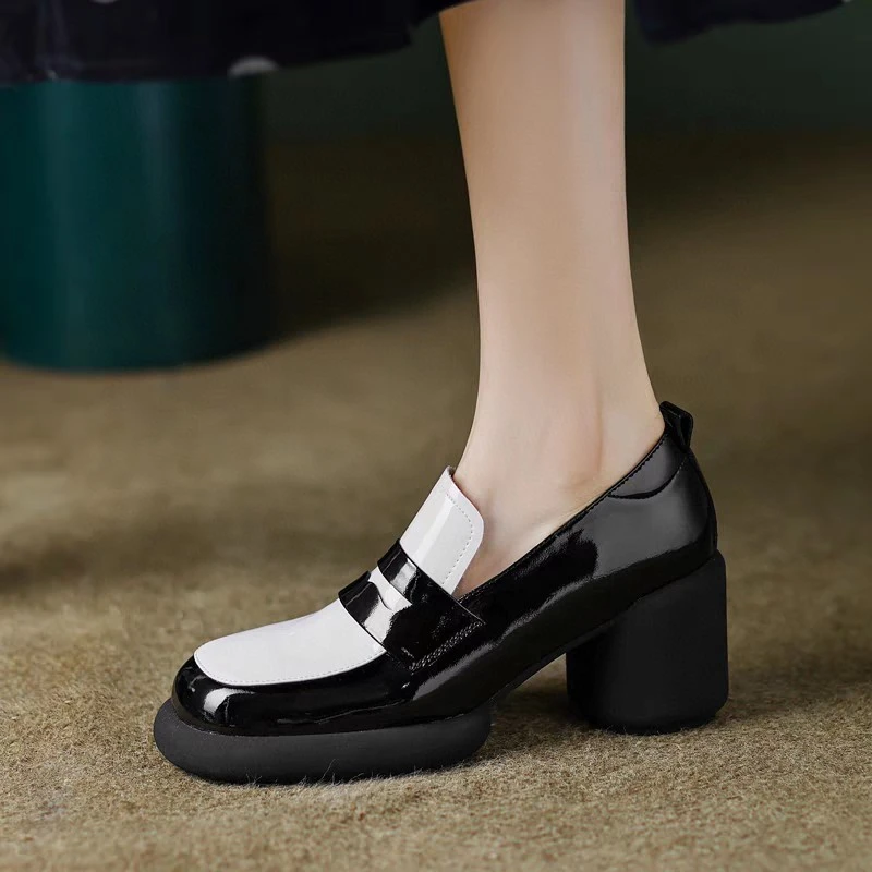 7127成都手工36 39真皮女鞋英伦复古厚底单鞋拼色乐福鞋