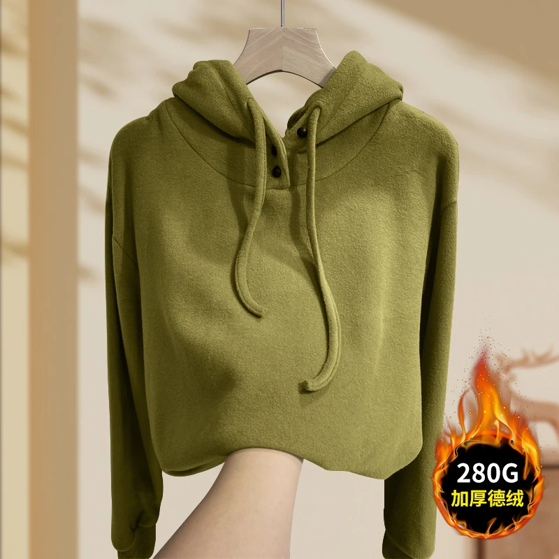 2025新款德绒连帽秋季卫衣加绒加厚连帽打底衫女装时尚加厚打底