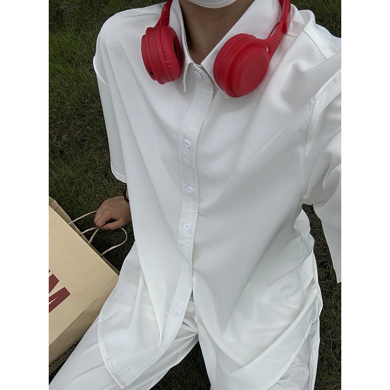 白色垂坠感冰丝短袖衬衫男款夏季痞帅高级感防晒衬衣轻薄透气外套