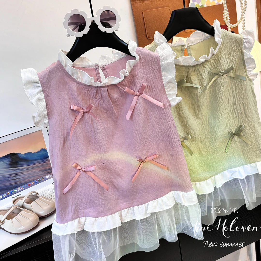 夏季薄款女童无袖连衣裙童装儿童云朵棉网纱裙子女宝洋气结公主裙