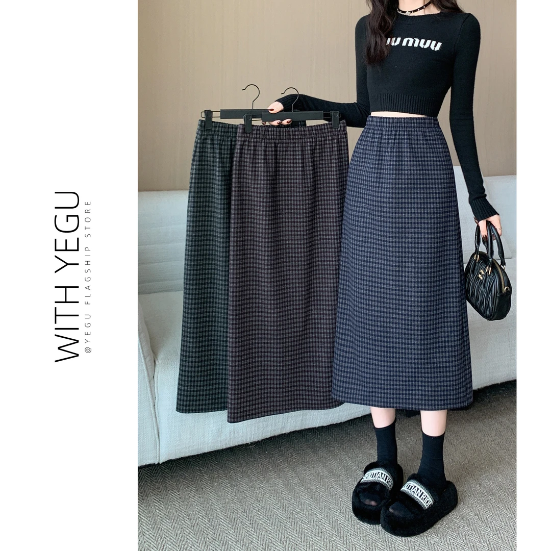 学院风毛呢格子半身裙女秋冬季高腰a字直筒裙小个子中长款包臀裙