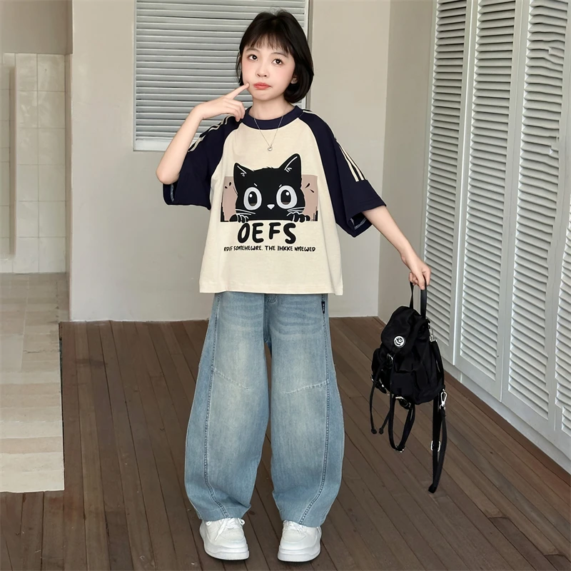 夏季薄款卡通黑猫短袖t恤牛仔弯刀裤女童潮套装洋气童装新款夏装