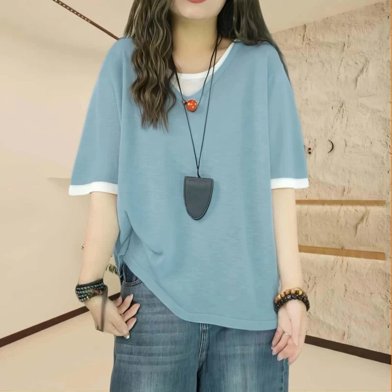 夏季宽松短袖假两件T恤女2025休闲百搭时尚宽松撞色V领薄款上衣