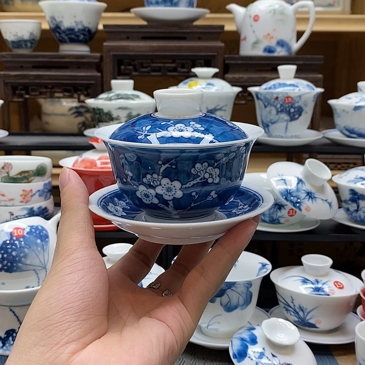 手绘冰梅三才盖碗150cc釉下彩高温瓷微瑕福利款