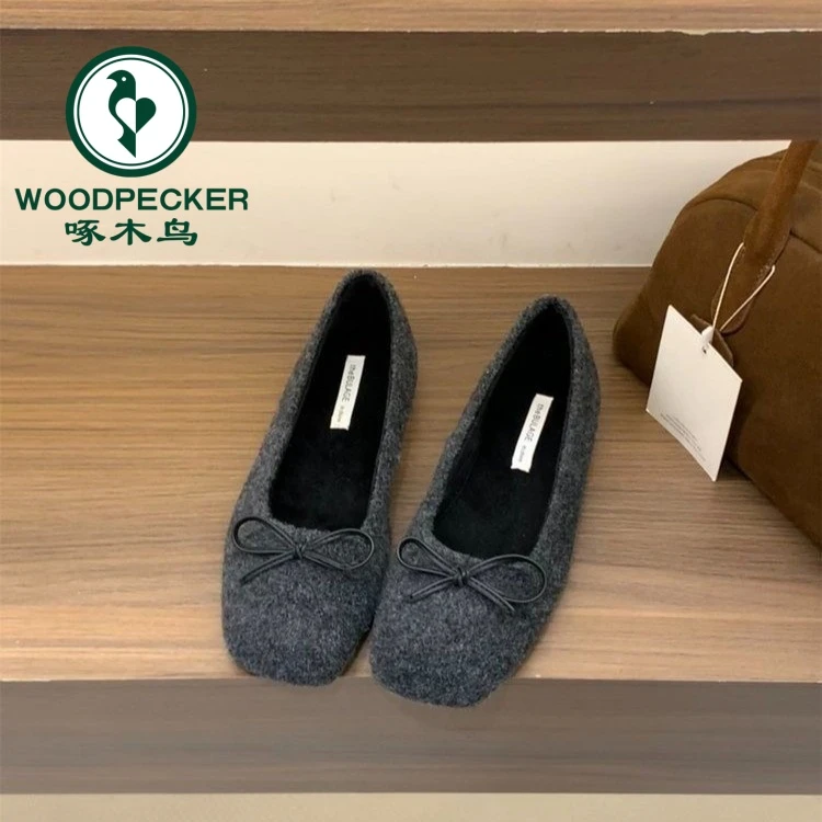 啄木鸟复古平底蝴蝶结单鞋女2025新款浅口法式晚晚风毛毛玛丽珍鞋