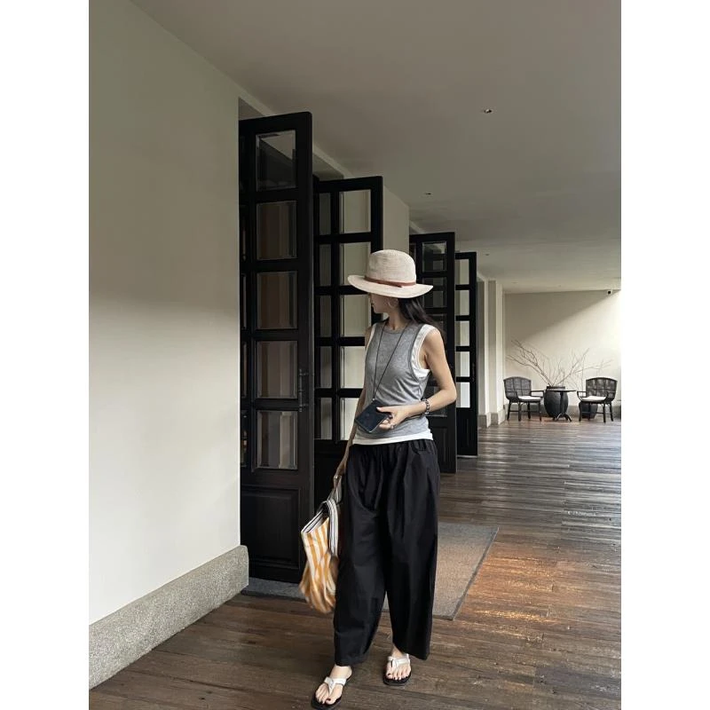 JIAHUI 老钱极简风套装无袖吊带背心上衣女夏季裤子休闲裤两件套