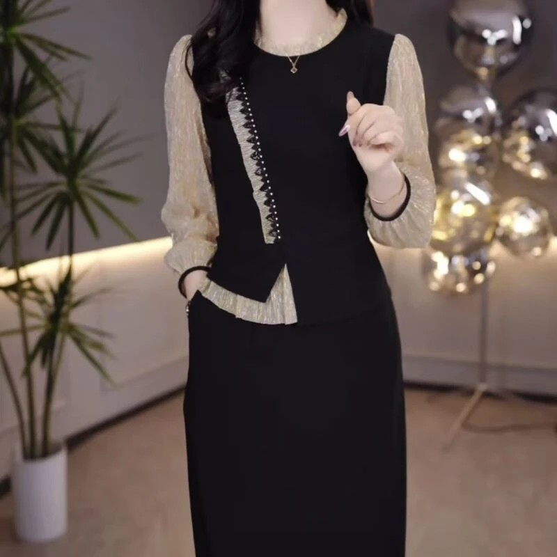 高级气质洋气高雅假俩件礼服裙2025显瘦时尚收腰长袖连衣裙