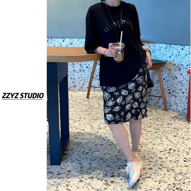 【ZZYZ】“秘密花园”休闲印花中长款半身裙叶子图案松紧腰中裙 Q1278