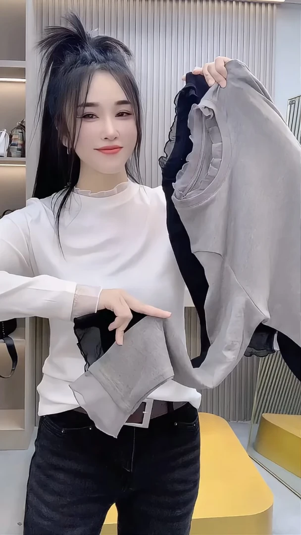 欧货2025秋季新款时髦气质小众设计感木耳边拼接显瘦长袖T恤上衣