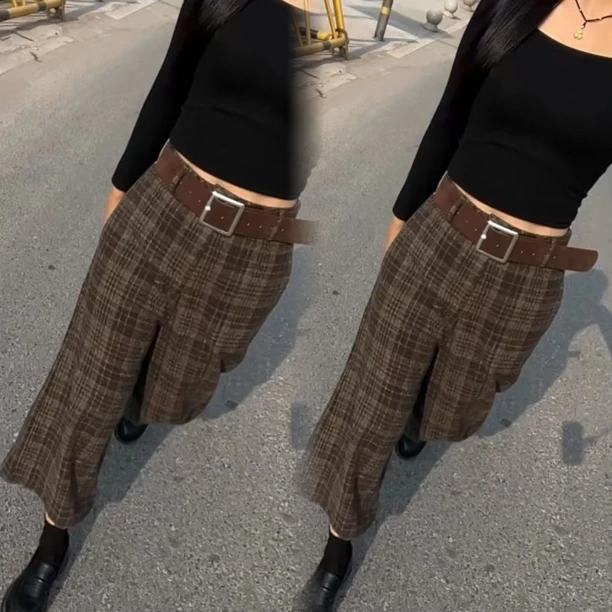 2025秋冬新款洋气毛呢格子高腰显瘦八分阔腿休闲女裤时尚百搭韩版