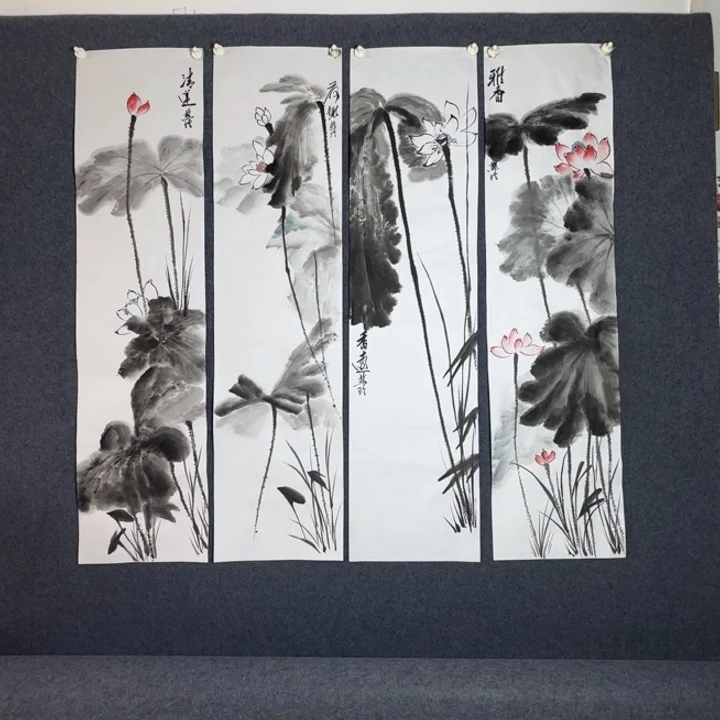 国画手绘国风荷花138*35