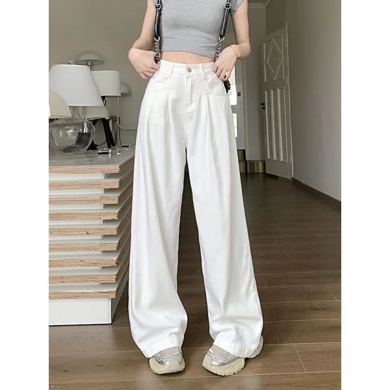 褶皱阔腿牛仔裤女秋季新款高腰遮胯显瘦百搭宽松直筒拖地长裤子潮