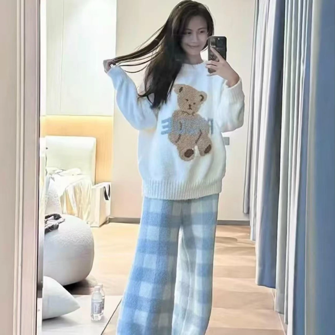 韩版可爱小熊半边绒睡衣女秋冬季新款卡通撞色加厚保暖家居服套装