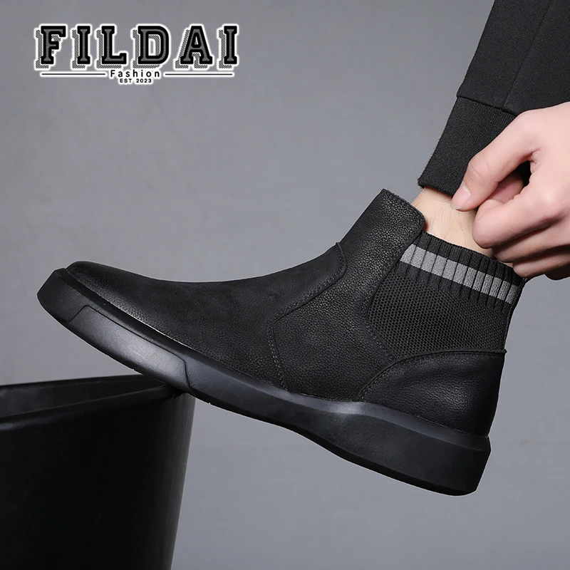 FILDAI高帮马丁靴男士秋冬季加绒真皮切尔西短靴男款皮鞋工装靴子