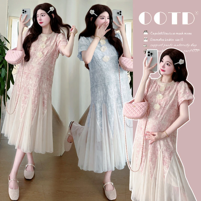 2025显瘦网纱蕾丝重工夏季显瘦孕妇连衣裙气质小个子洋气时尚复古