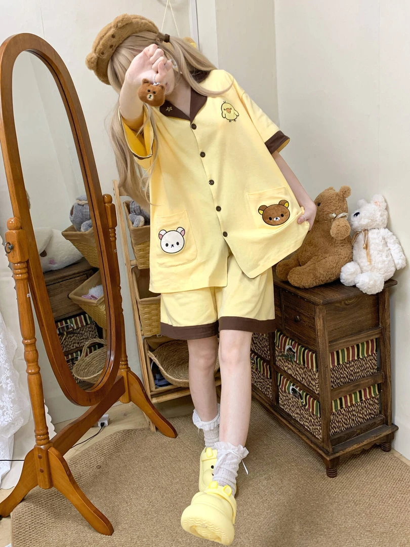原创!100%纯棉夏季新款甜美可爱卡通轻松熊鼻孔鸡休闲情侣款睡裙