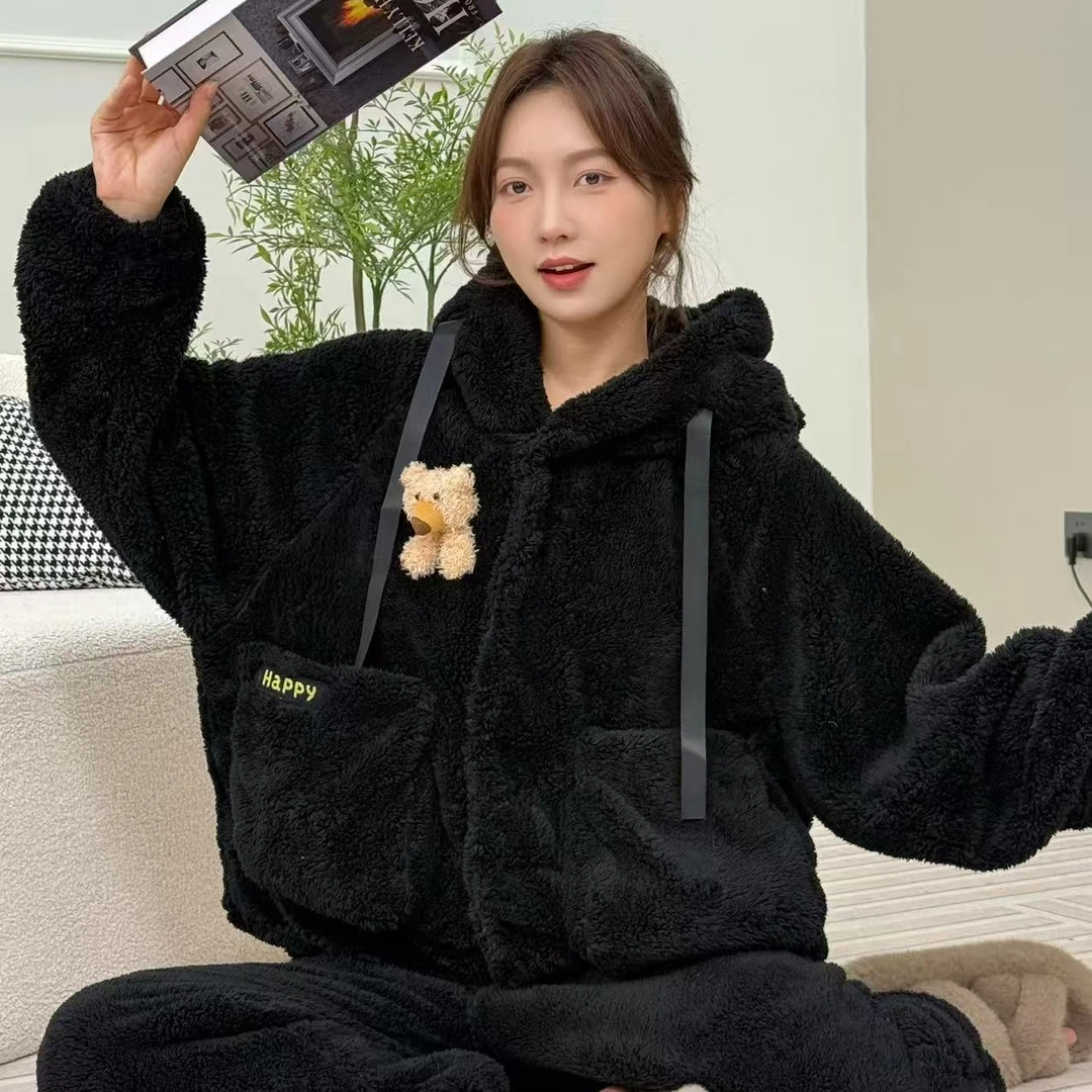 【新品福利】特厚加绒保暖可爱泰迪熊宽松韩版家居服套装裤子有口