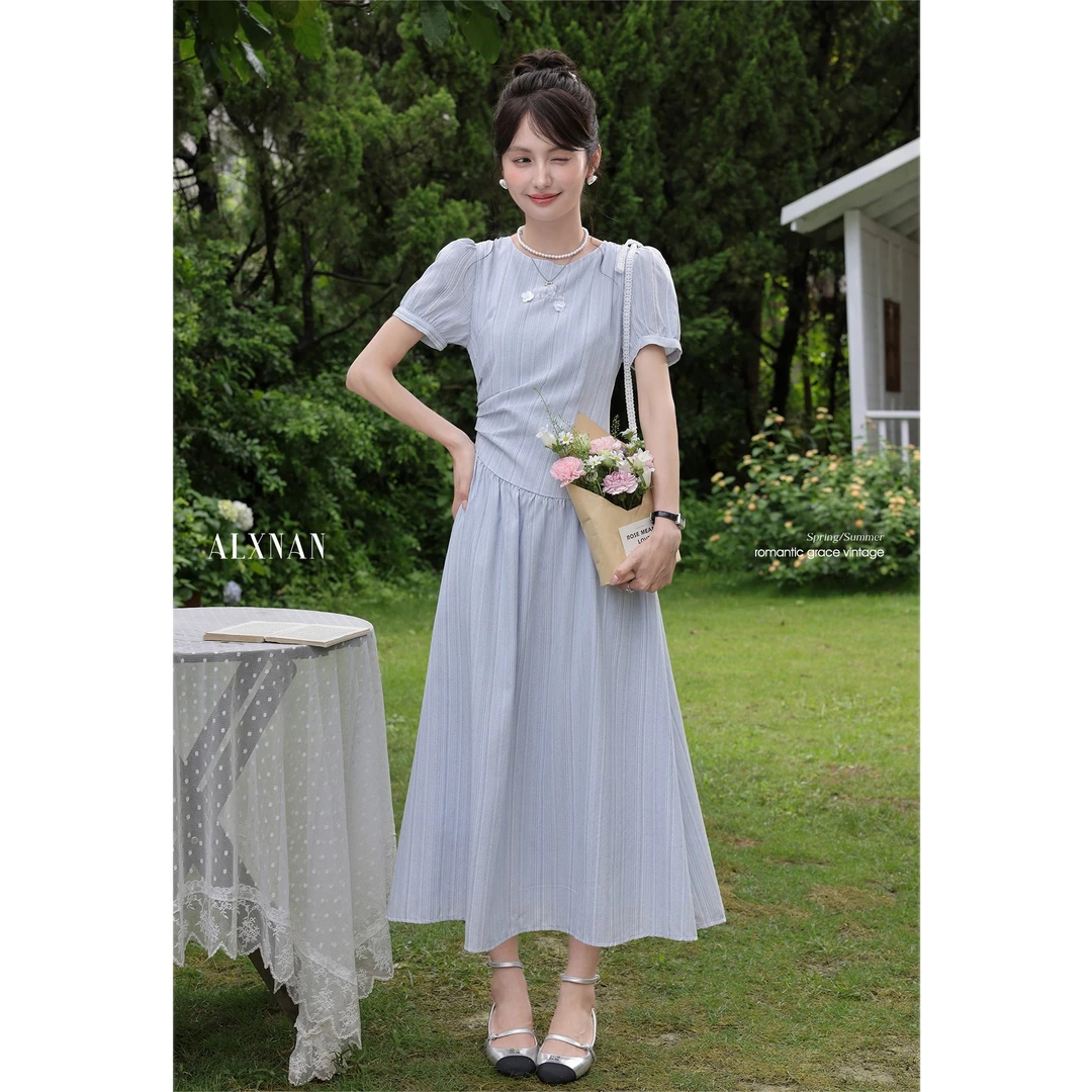 鹿向南「心动赴约」法式蓝色气质连衣裙女长款收腰裙子DYL661785