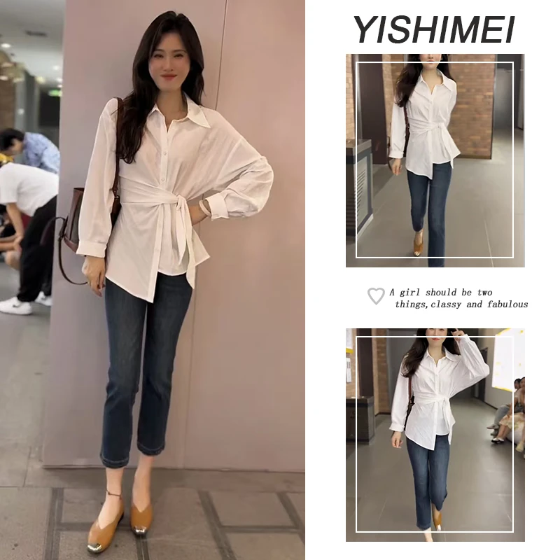 早秋时尚穿搭2025年新款爆款韩系不规则长袖衬衫高腰牛仔裤两件套