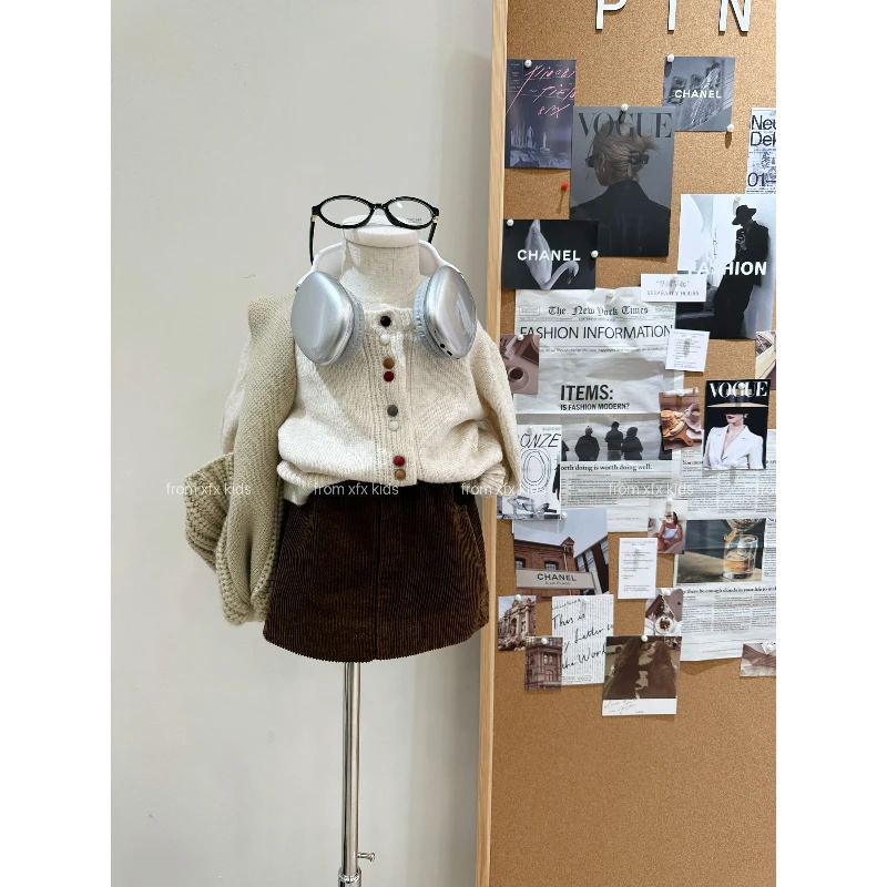 Bmy2025wt 女童2025冬季新款韩版洋气纽扣开衫百搭灯芯绒半裙套装