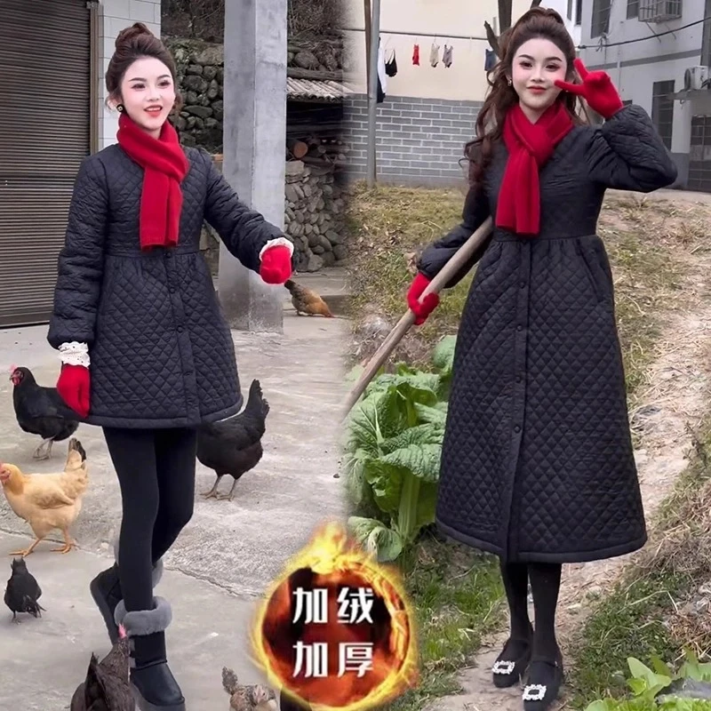 韩版蓬蓬菱格加厚保暖裙摆棉服女收腰2024冬装新款洋气质显瘦棉衣