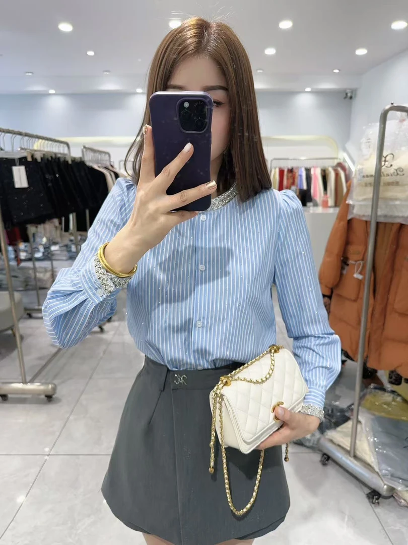 雪琴小屋重工珠珠条纹衬衫上衣