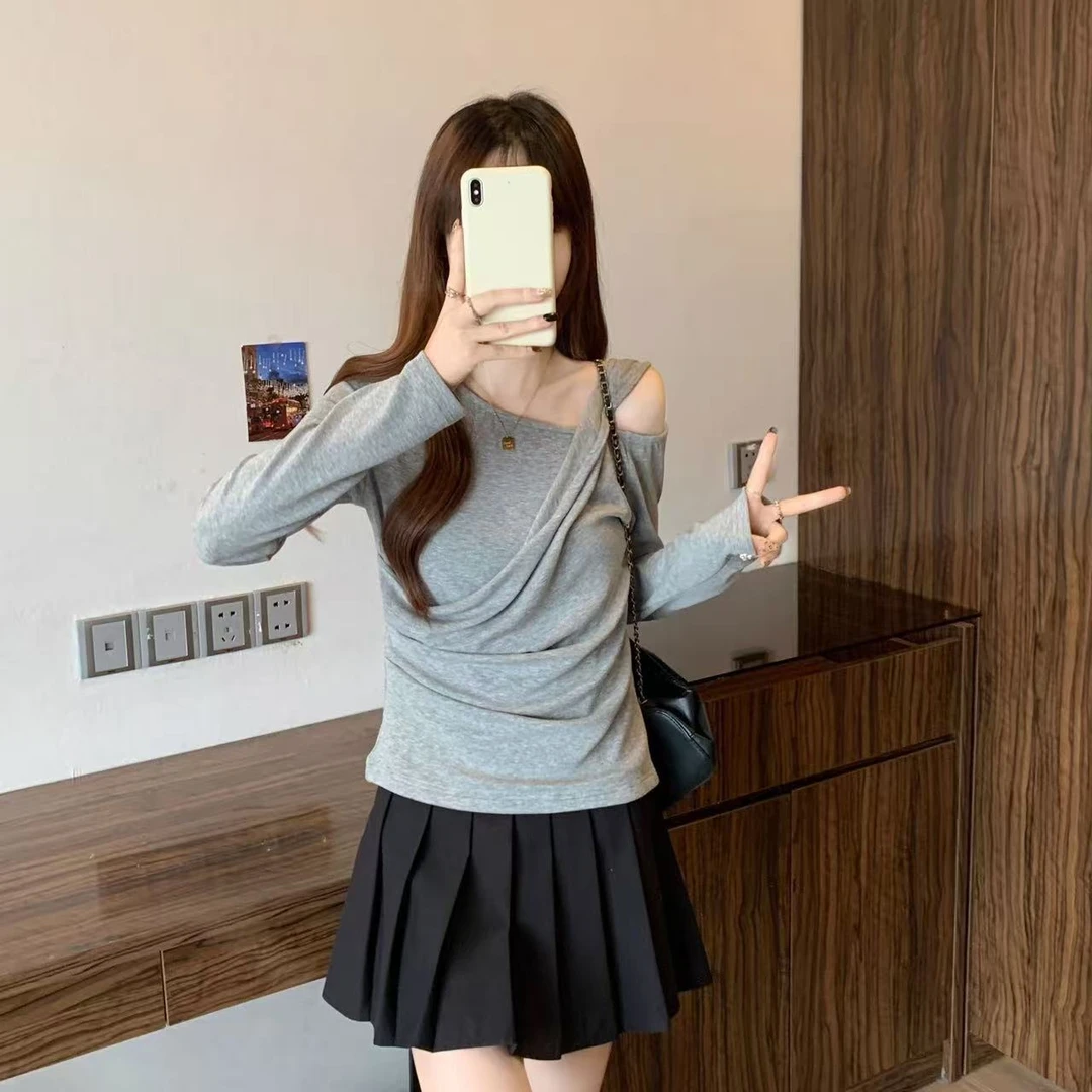 韩系设计感假两件斜肩吊带长袖t恤女修身显瘦百搭秋冬新款上衣女