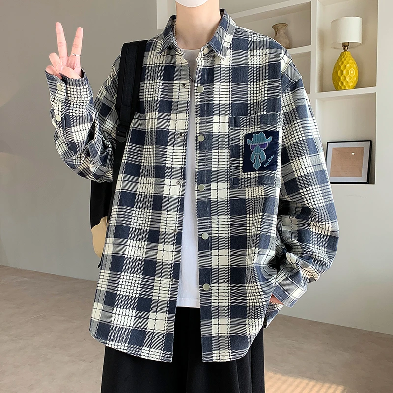 2025高级感秋季新款男青少年衬衫工装学生绿色格子百搭薄款外套男