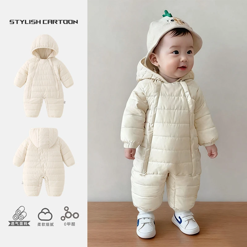 婴儿冬装保暖外出衣服加厚防风秋冬款连体衣外穿连帽宝宝棉衣