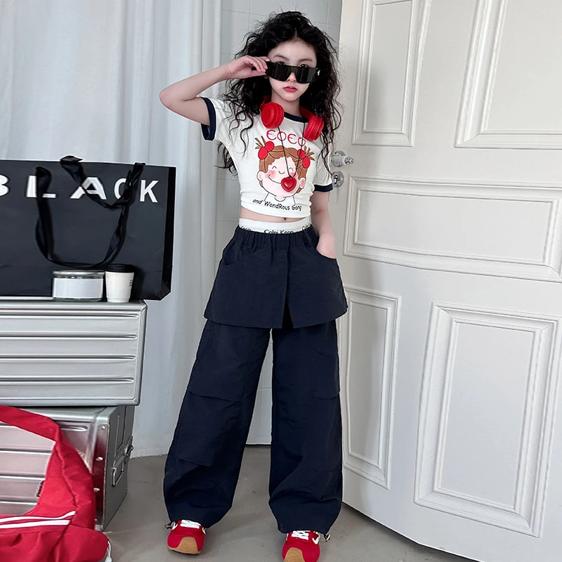 女童工装裙裤套装夏2025新款韩版休闲女孩夏装印花短袖T恤两件套