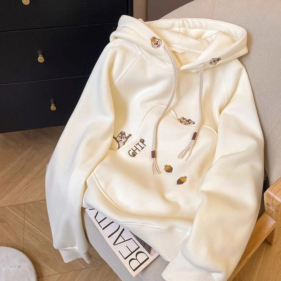 新款卡通可爱花栗鼠刺绣上衣百搭设计感异形口袋加绒加厚连帽卫衣