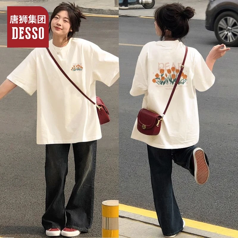 唐狮集团desso纯棉宽松短袖女款夏多巴胺穿搭t恤美式复古百搭上衣