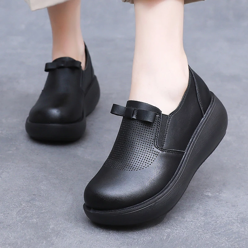 软皮松糕鞋女休闲圆头单鞋春秋新款坡跟复古厚底2058