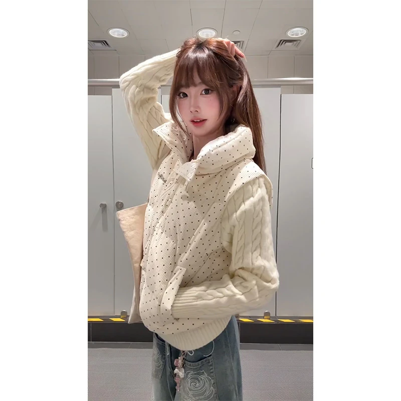 MARIE.COCO韩系波点针织拼接棉服女秋冬季新款设计感百搭棉衣外套