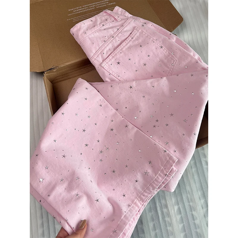 大码设计感高腰直筒宽松牛仔裤女夏季新款粉色重工星星烫钻阔腿裤