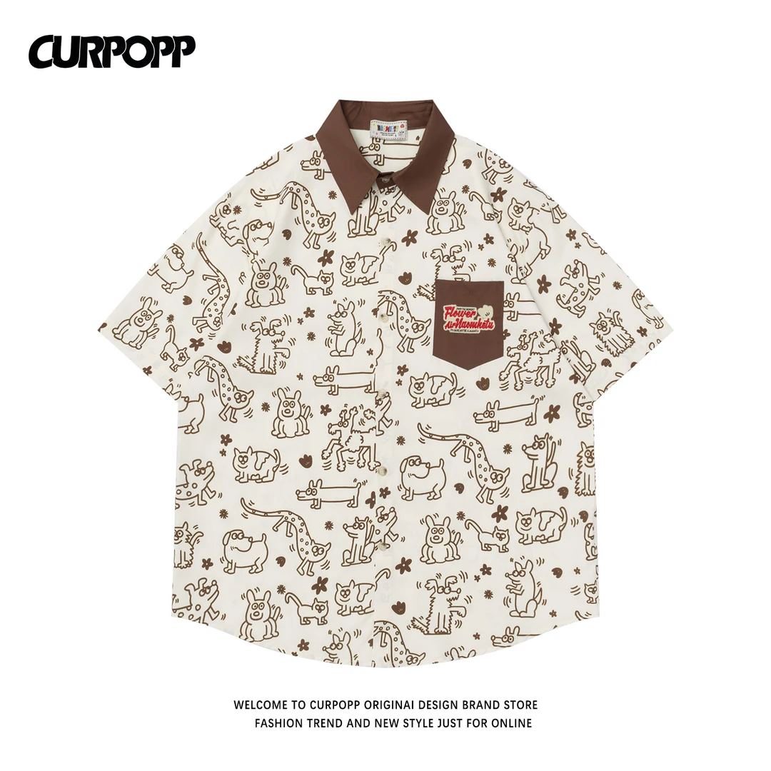 CURPOPP 创意趣味潮满印卡通短袖衬衫2025夏季甜美情侣POLO衫衬衣