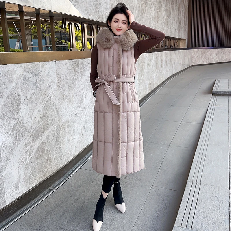 厚款马夹气质口袋长款连帽女中长款几何图案胖mm大码棉马夹