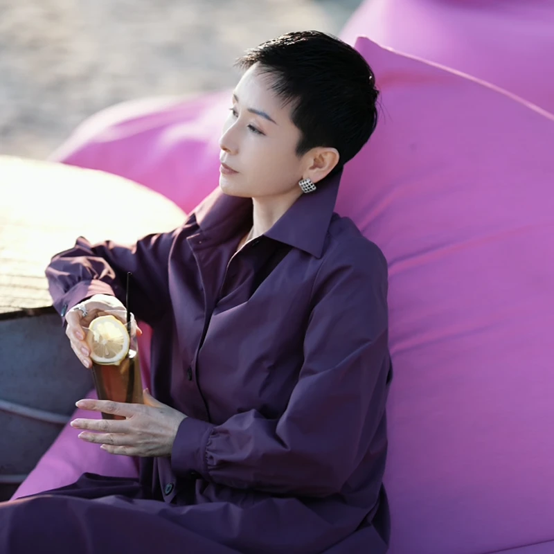 溏朵记 2025春季新款时尚气质中长款衬衫领法式长袖风衣裙10112