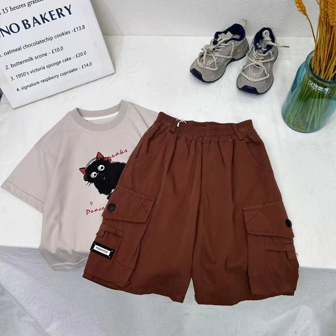 KZ-25081 砖红色 工装裤儿童短裤时尚休闲宽松中大童韩版洋气