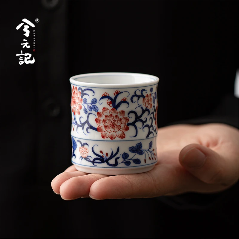 兮元记青花釉里红陶瓷茶杯主人杯个人专用高档茶盏品茗杯竹节杯