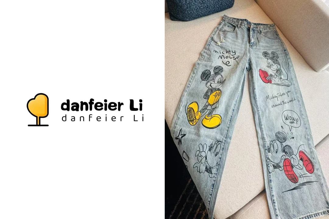 《丫丫推荐款》4178新款卡通手绘素描米奇图案牛仔裤