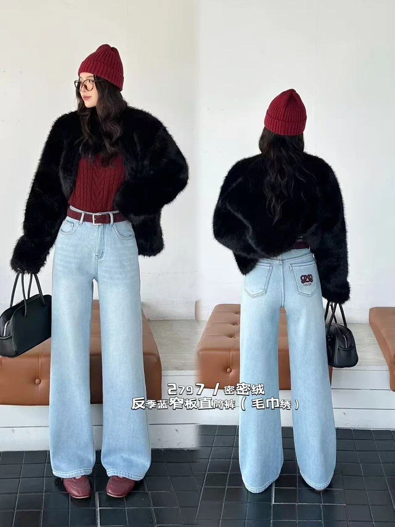 2797-AQ新款蓝色加绒刺绣牛仔直筒裤