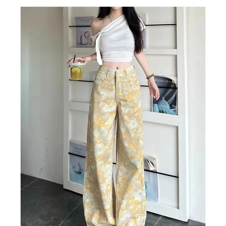 碎花夏季宽松设计感薄款裤子高腰印花女休闲牛仔裤阔腿裤阔腿复古